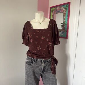 Lily White Reddish Brown Floral Slouchy Tie Detail Blouse